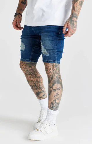 Sik Silk Pánske Tmavo Modré Kraťasy Distressed