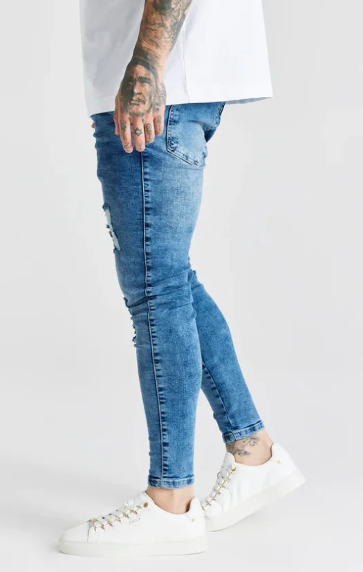 Sik Silk Pánske Modré Jeansy Mid Wash Distressed Skinny - Veľkosť: M