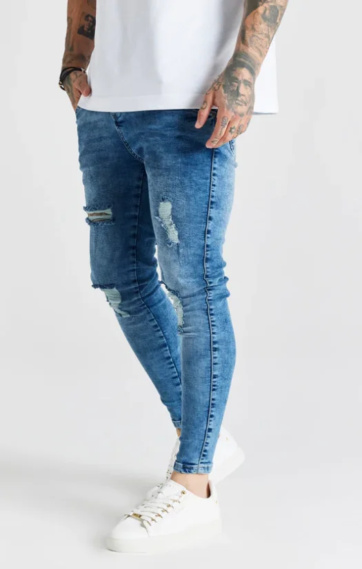 Sik Silk Pánske Modré Jeansy Mid Wash Distressed Skinny - Veľkosť: M